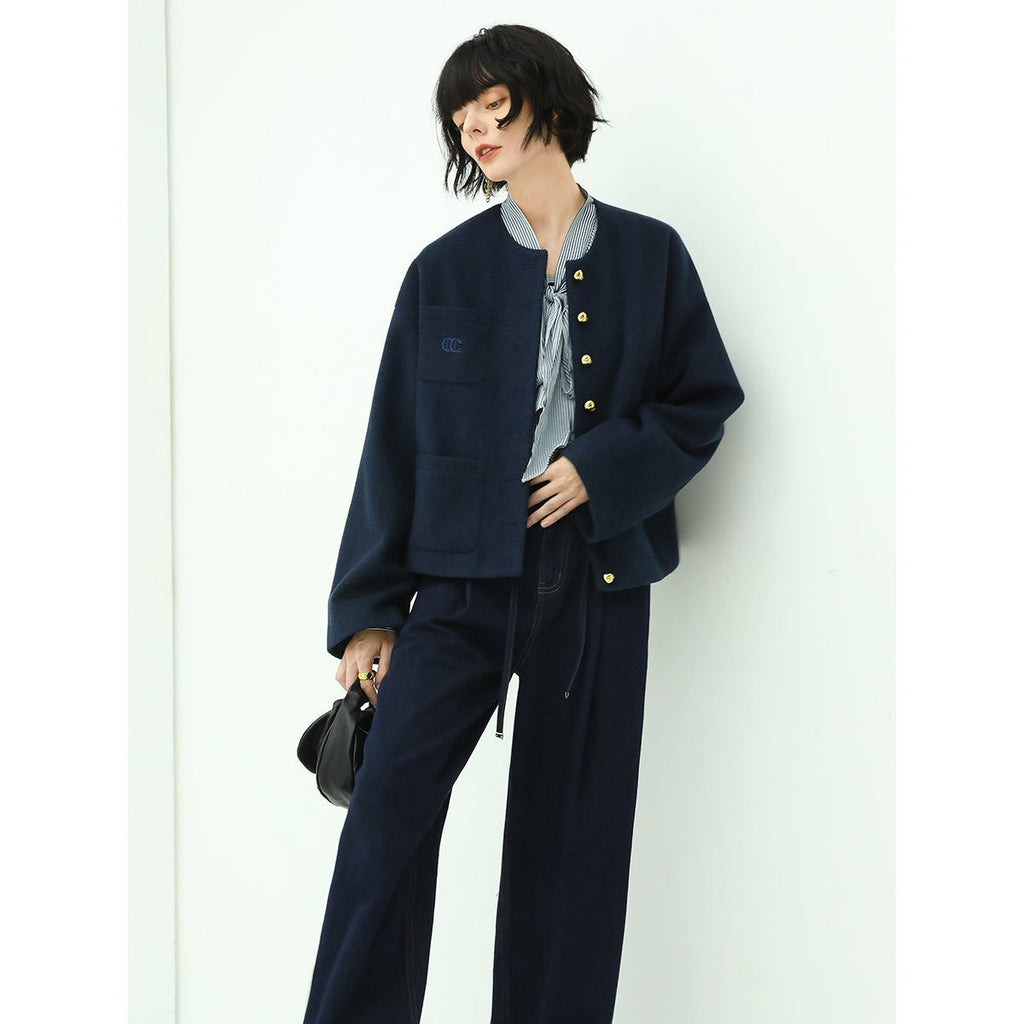 Classic Collarless Navy Woolen Jacket
