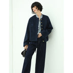 Classic Collarless Navy Woolen Jacket
