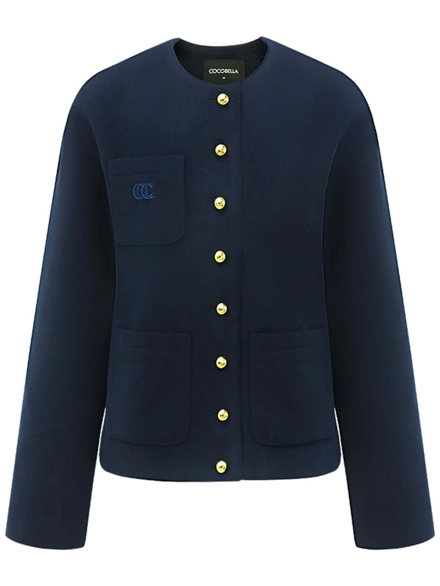Classic Collarless Navy Woolen Jacket